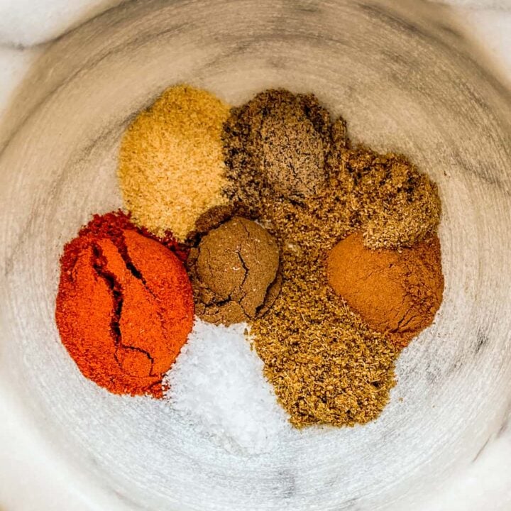 A closeup shot of a bowl of spices.