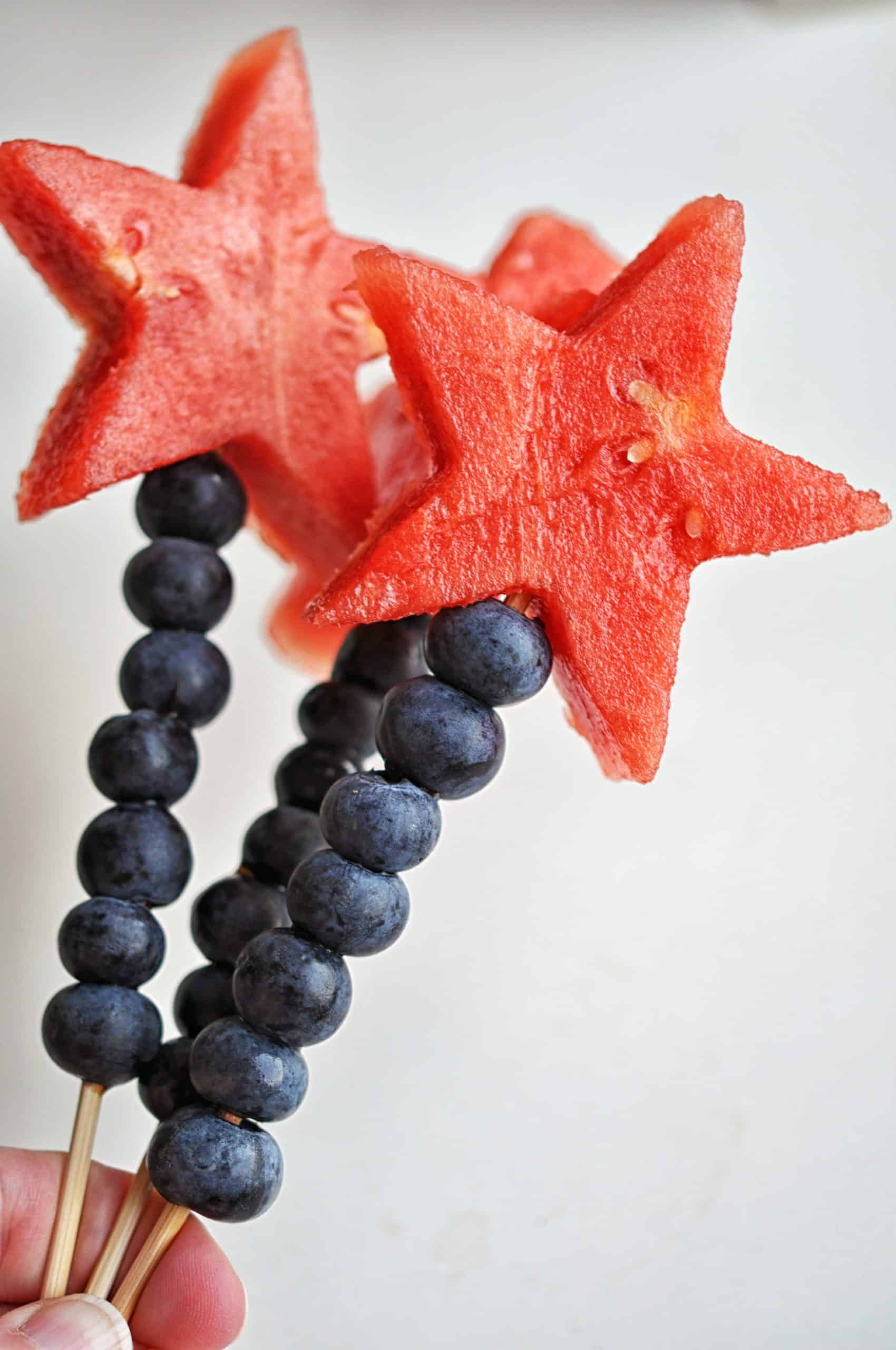 Strawberry blueberry fruit skewers.