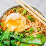 Miso ramen with bok choy and an egg.