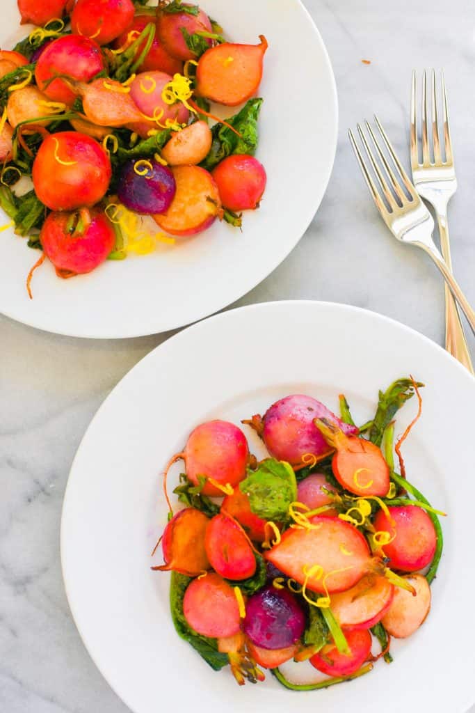 brown butter radishes on salad plates