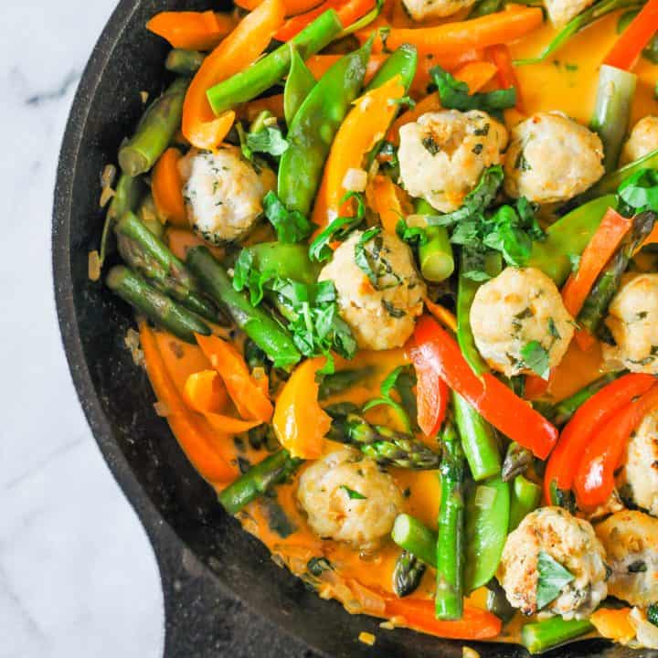Thai red curry turkey meatballs in a pan