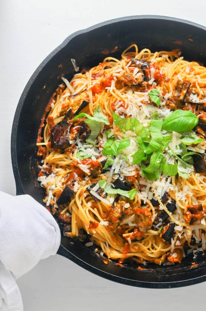 Sicilian pasta alla norma in a pan.