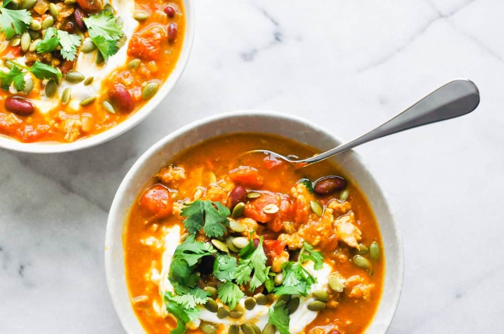 closeup of bowl of turkey pumpkin chili