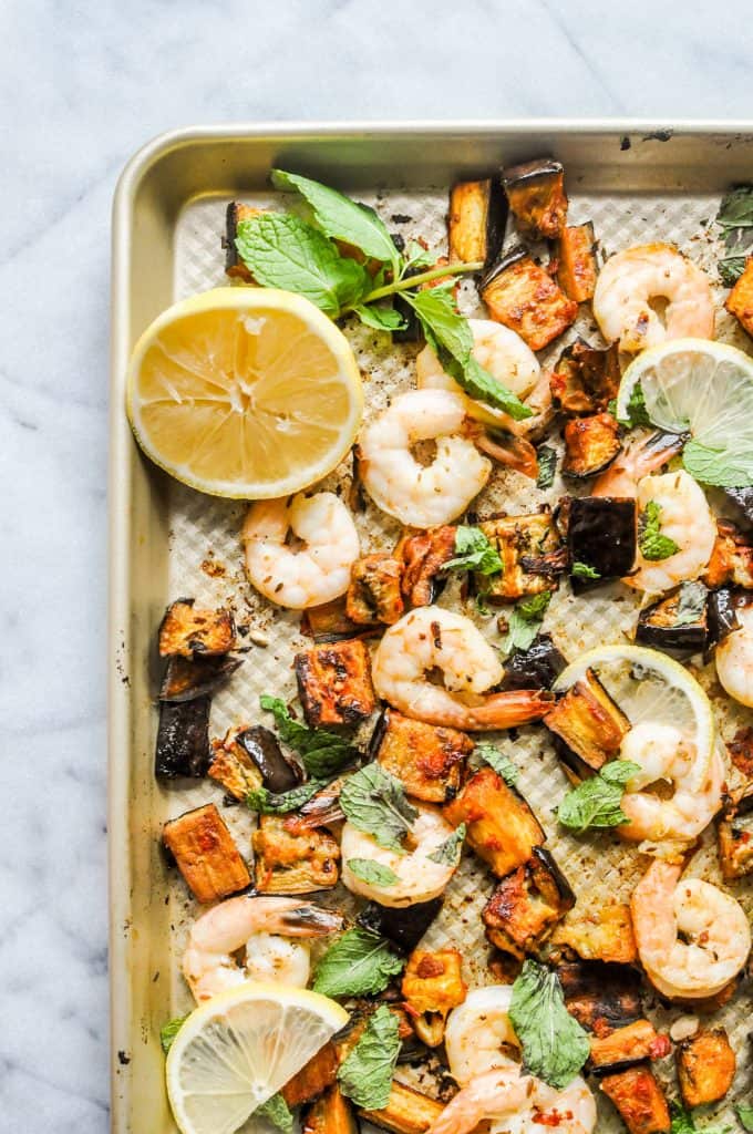 eggplant and shrimp on a sheet pan