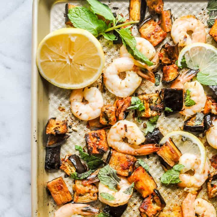 eggplant and shrimp on a sheet pan