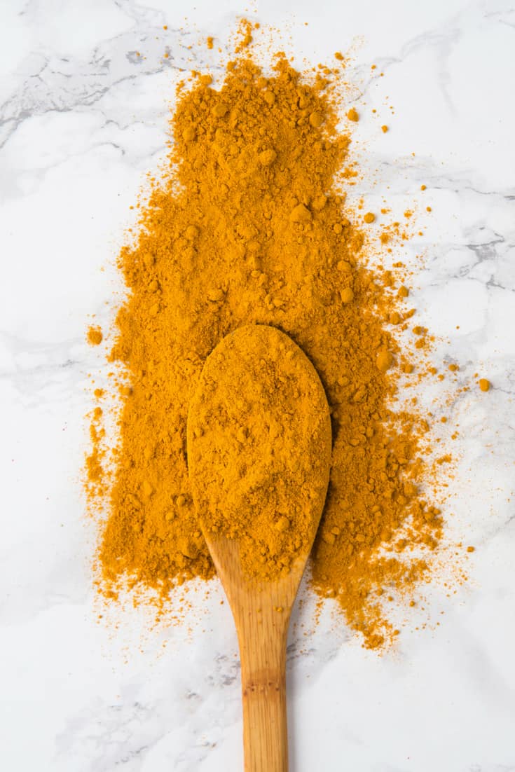 Turmeric spice on a wooden spoon.