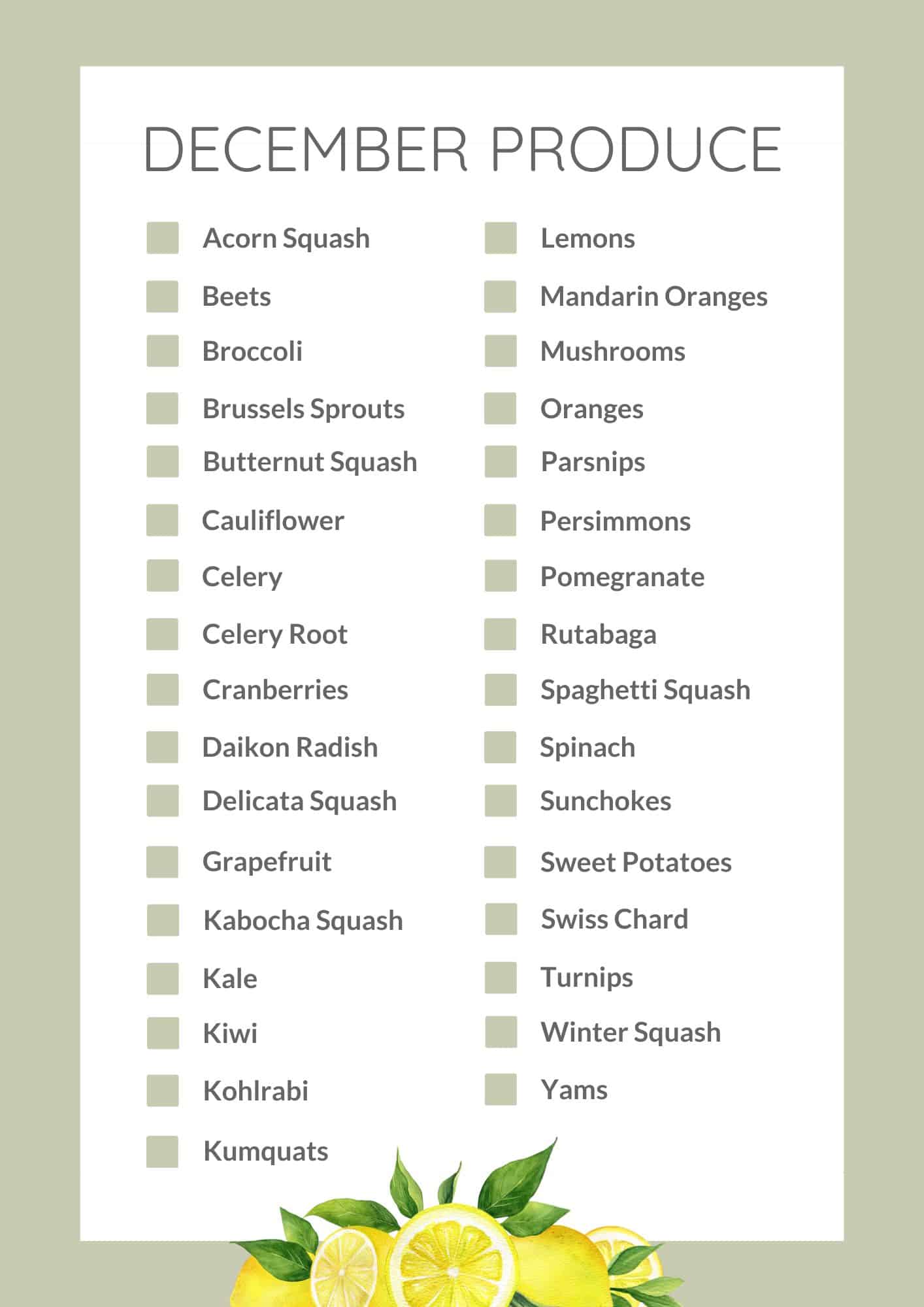 A graphic of December seasonal produce.