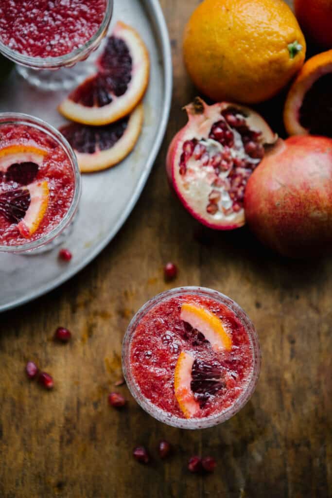 Blood orange mimosas from overhead.