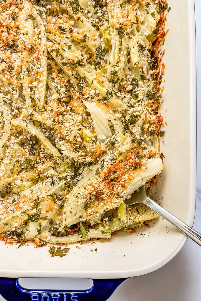 Fennel gratin being scooped out of a 9x13 inch baking dish.