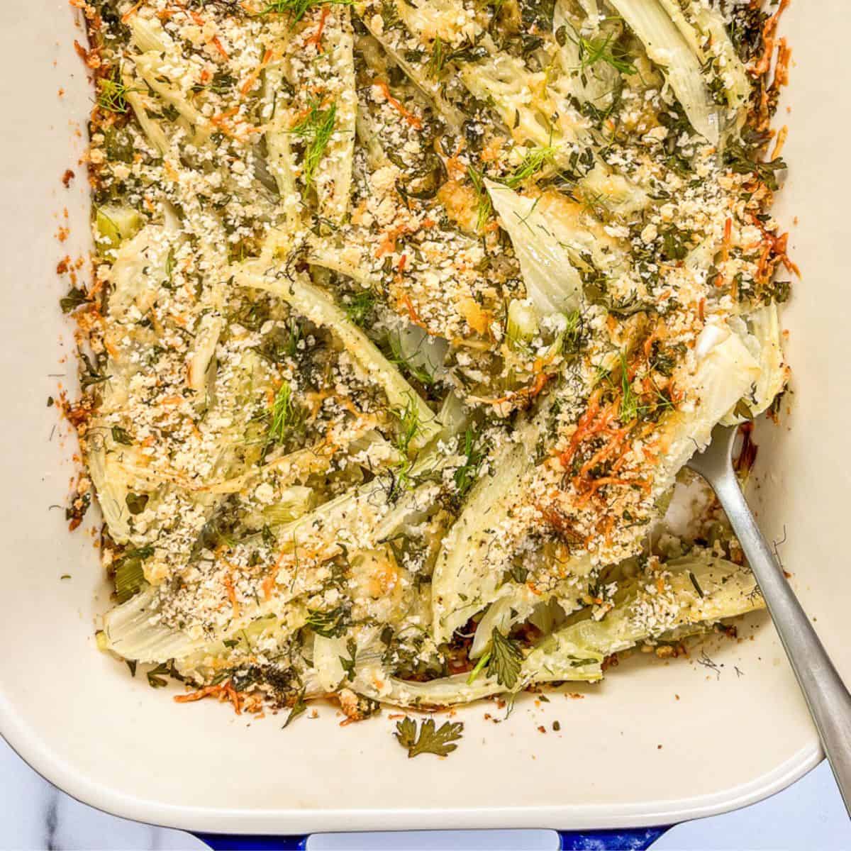 Fennel gratin in a baking dish.
