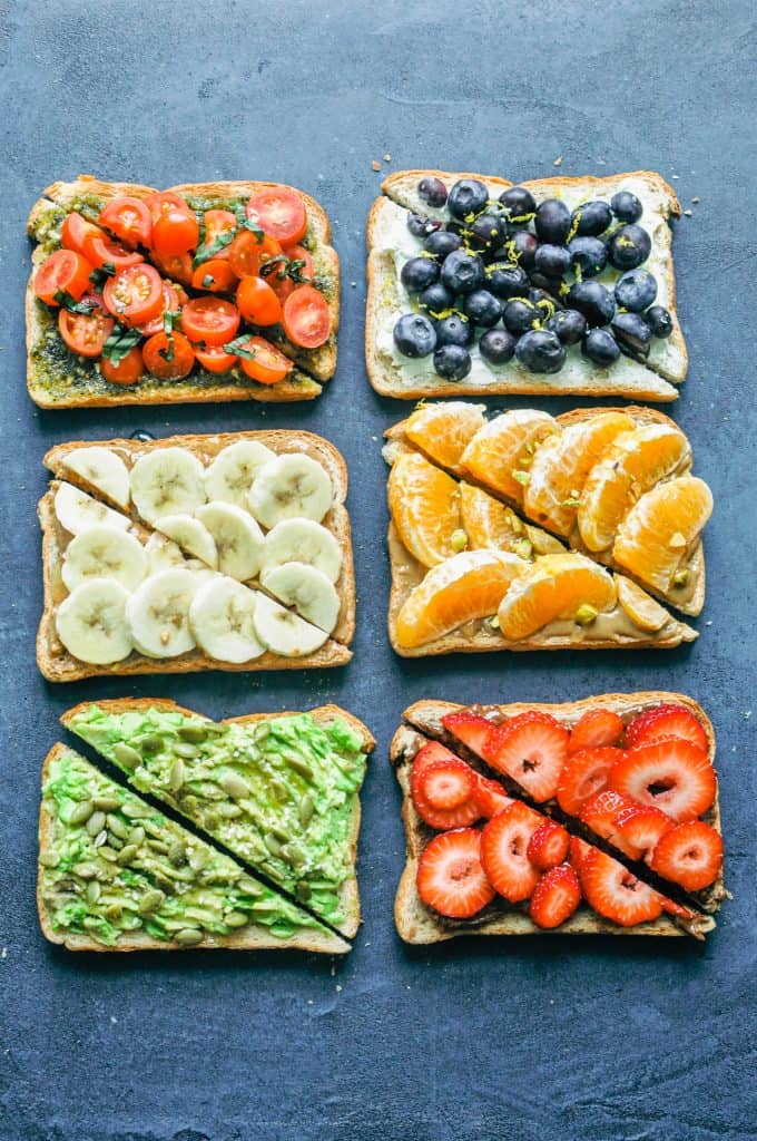 6 different types of toast on a dark background