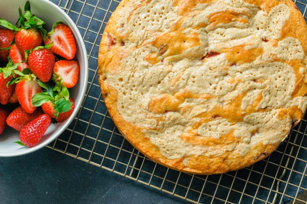 strawberry tahini shortcake on a cooling rack