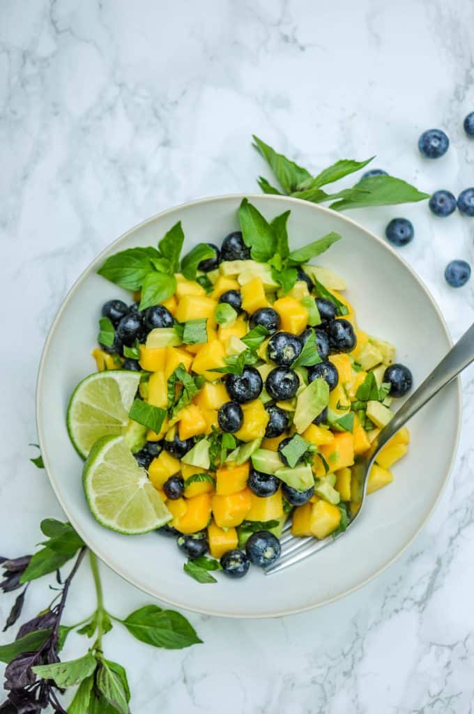 mango blueberry salad in a bowl