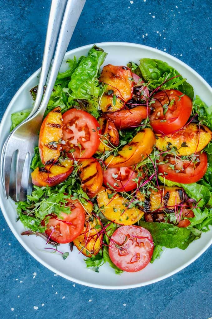 grilled peaches, tomatoes, lettuce