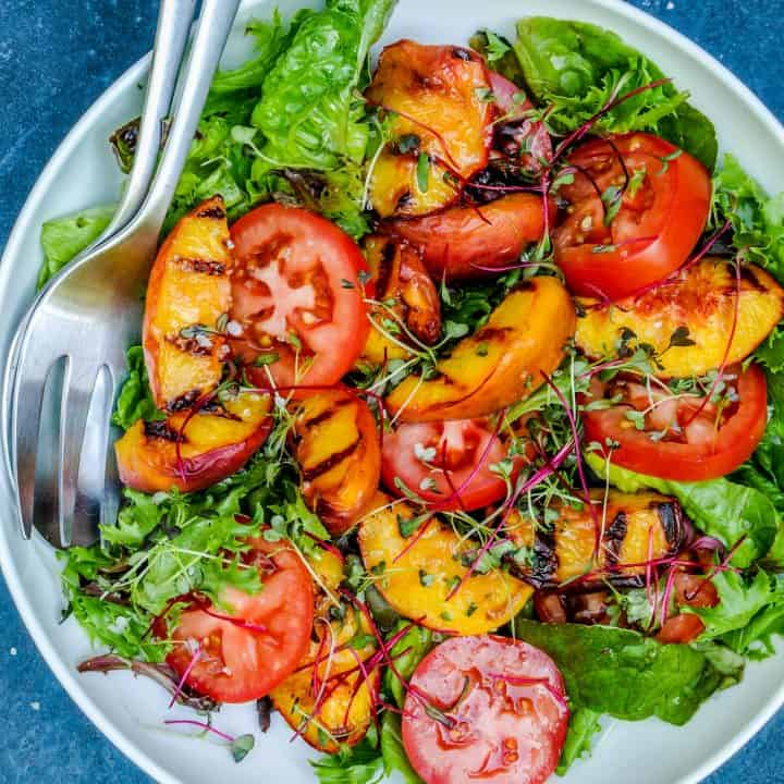 grilled peaches, tomatoes, lettuce