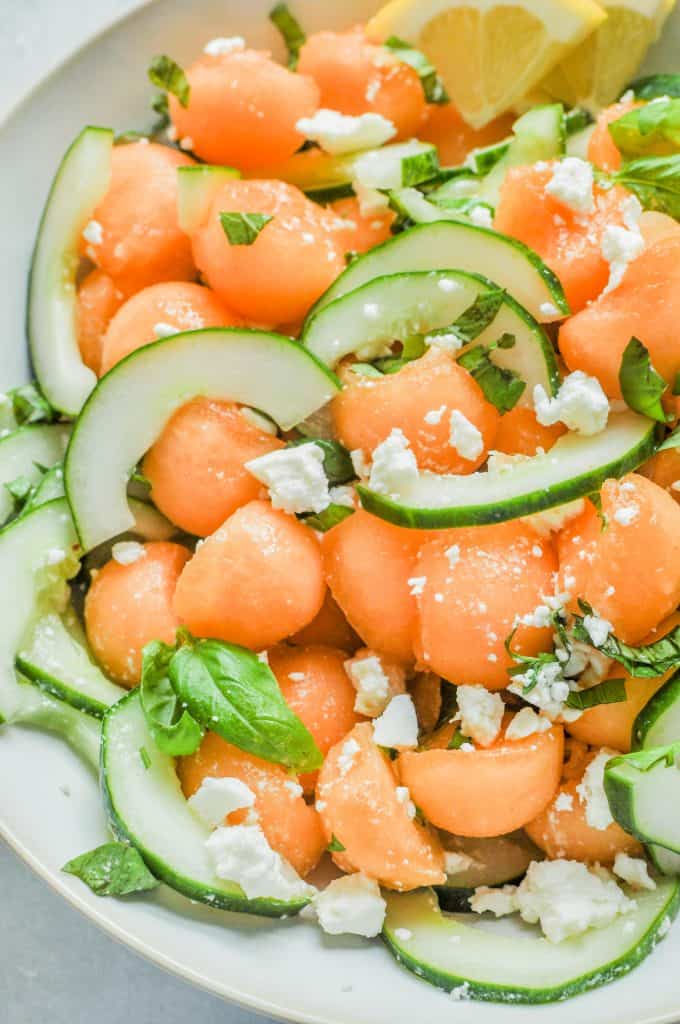 closeup of cantaloupe cucumber salad recipe