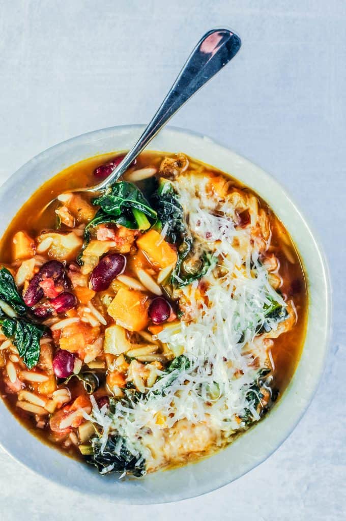 closeup of pumpkin minestrone soup