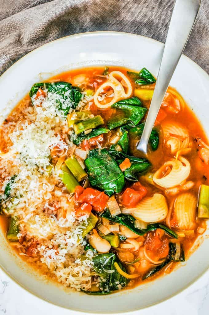 closeup of a bowl of spring minestrone soup