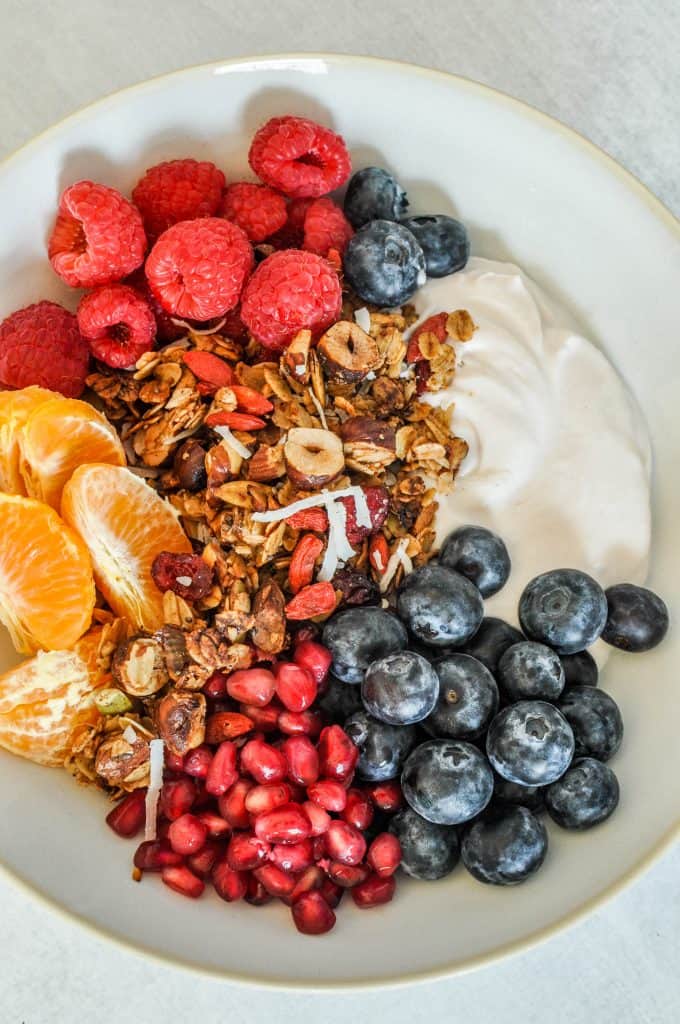 closeup of granola, yogurt, and fruit