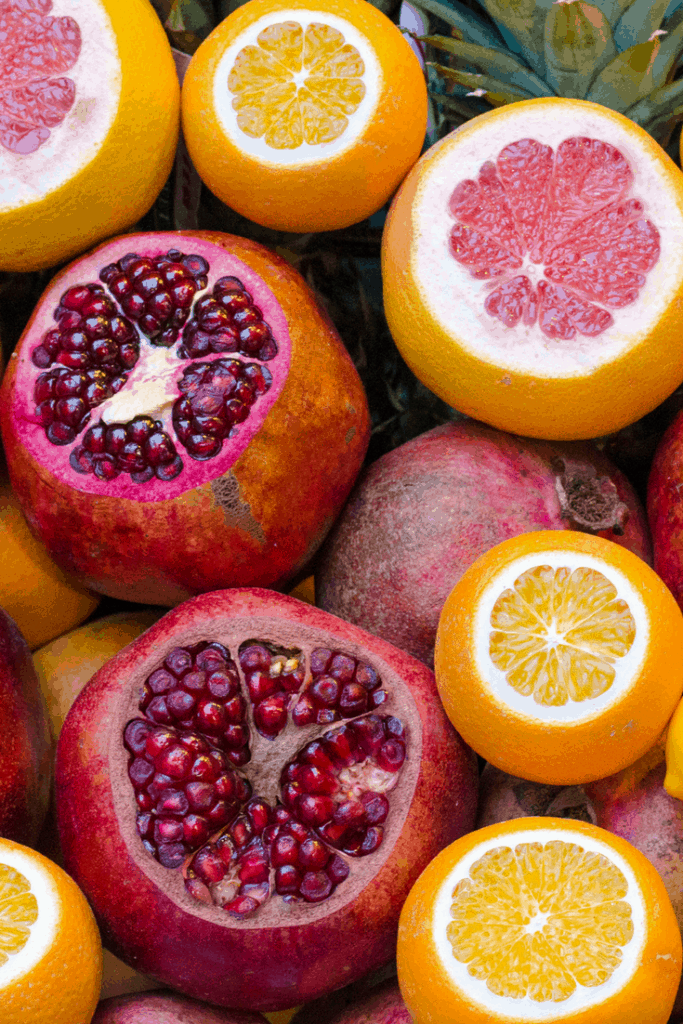 Citrus fruit and pomegranates.