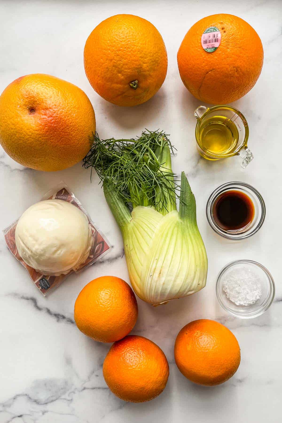 Grapefruit, oranges, blood oranges, fennel, olive oil, balsamic, mozzarella, and flaky sea salt.