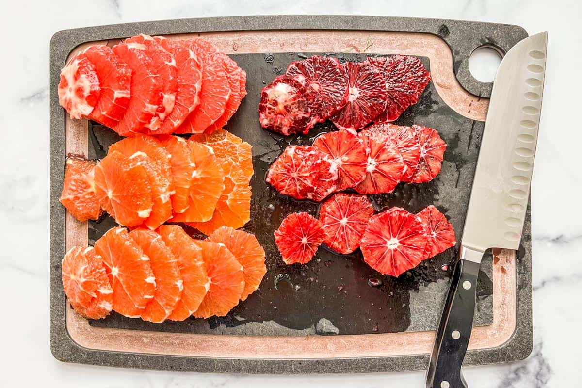 Sliced citrus on a cutting board.