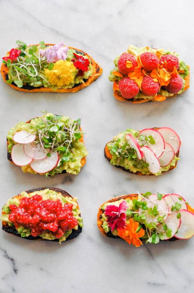 Sweet potato toasts with avocado and fruit.