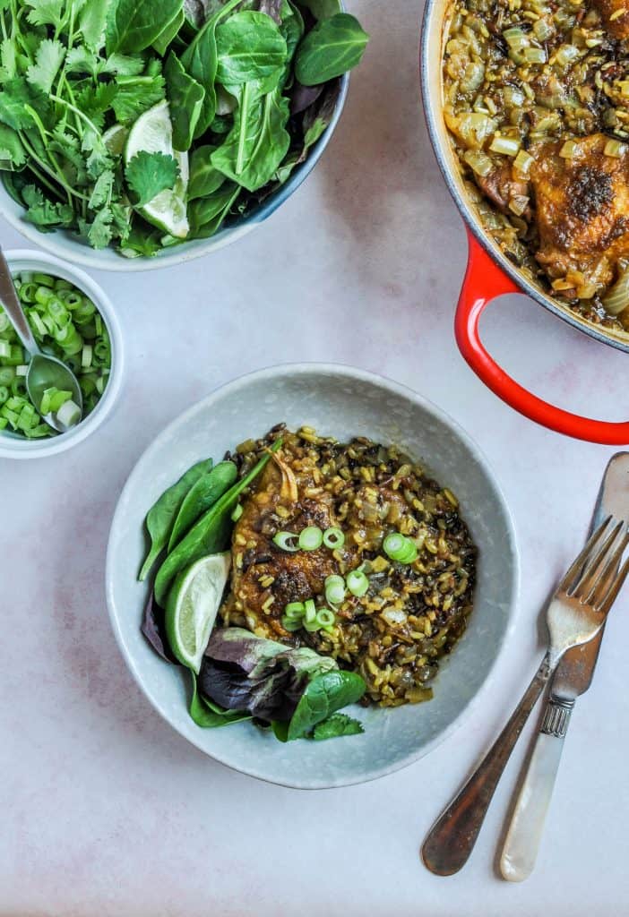 hawaij chicken and rice in a bowl