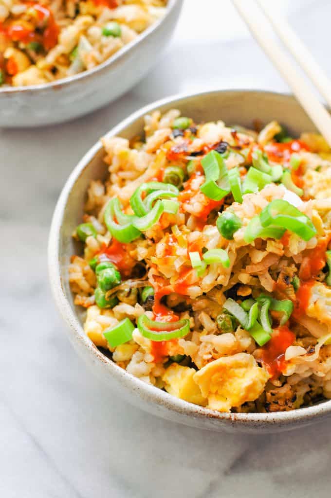leek and pea fried rice in a bowl