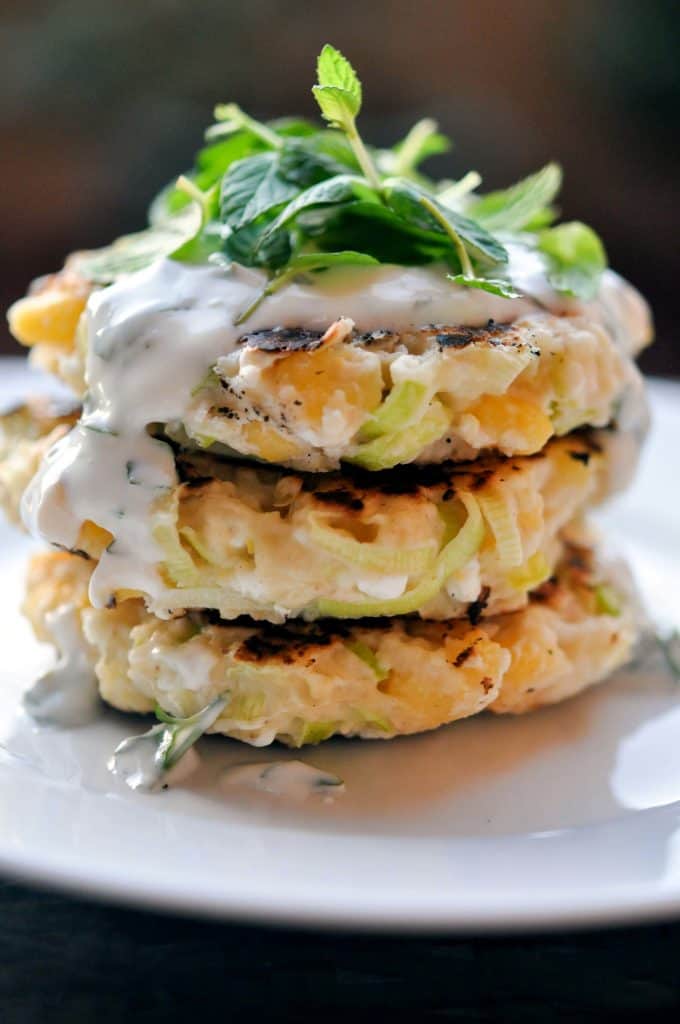 corn and leek fritter with herbed yogurt and mint