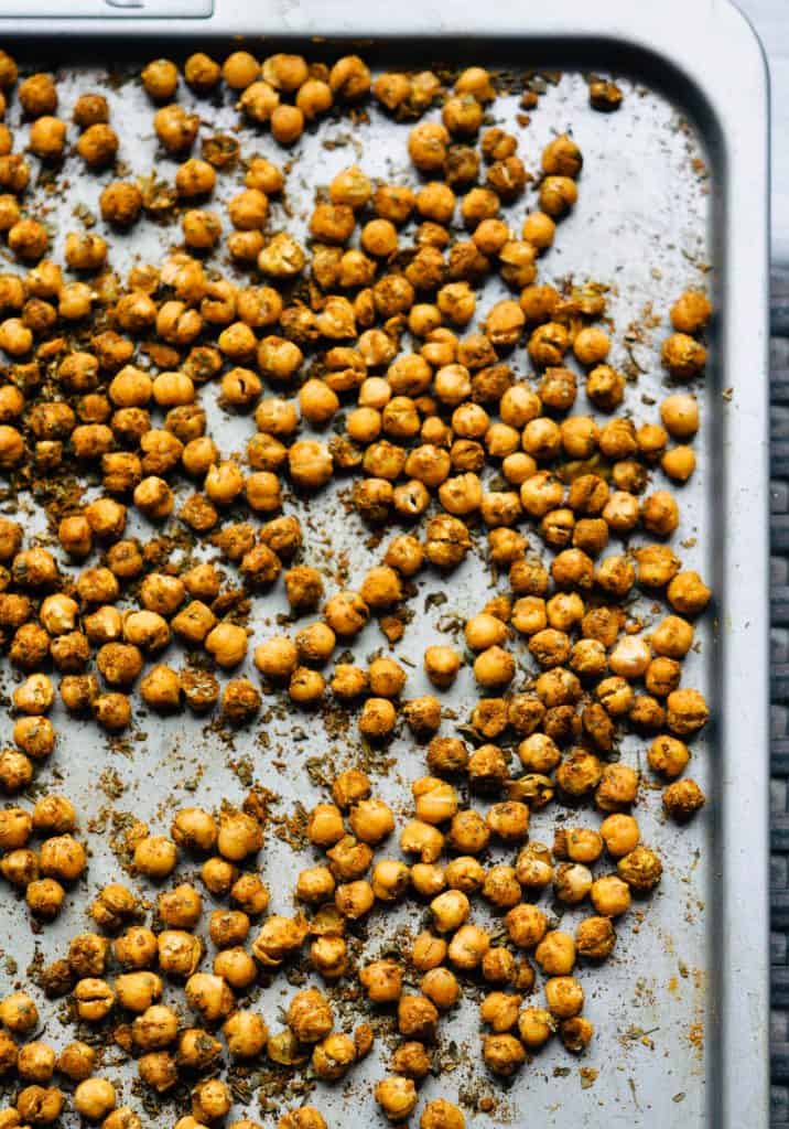spiced chickpeas on a baking sheet