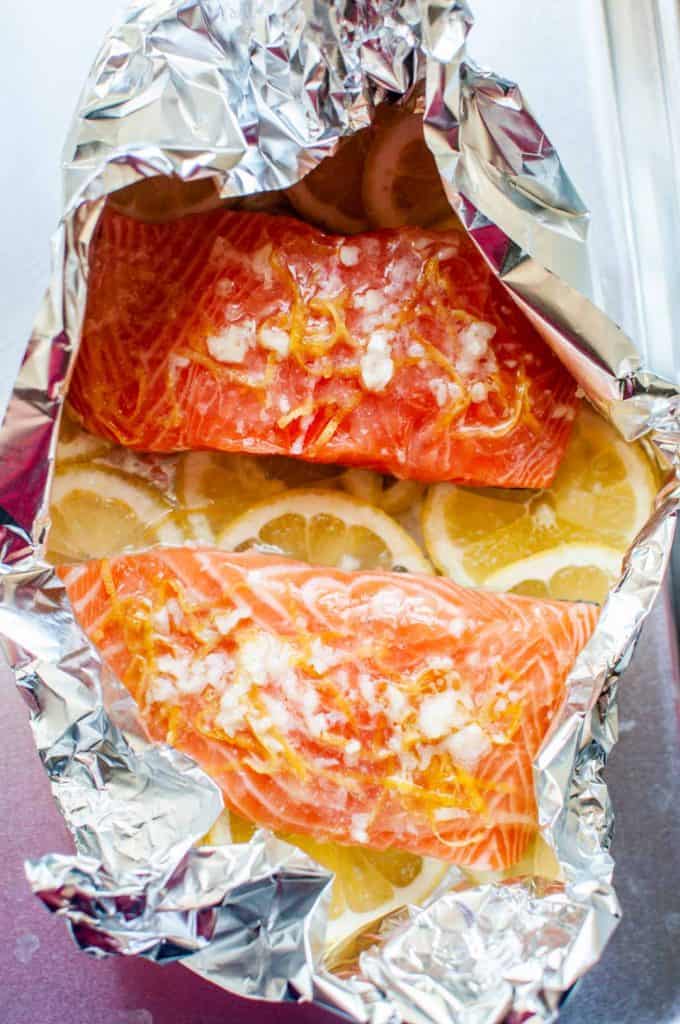 lemon salmon in a foil packet before being baked
