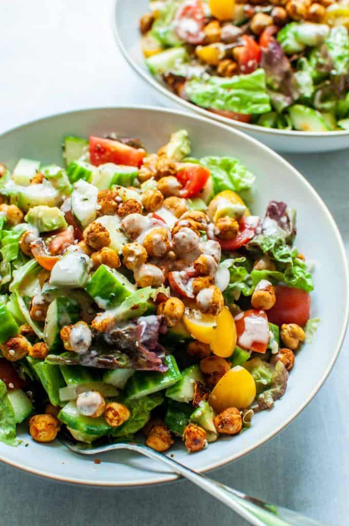 two bowls of roasted chickpea salad