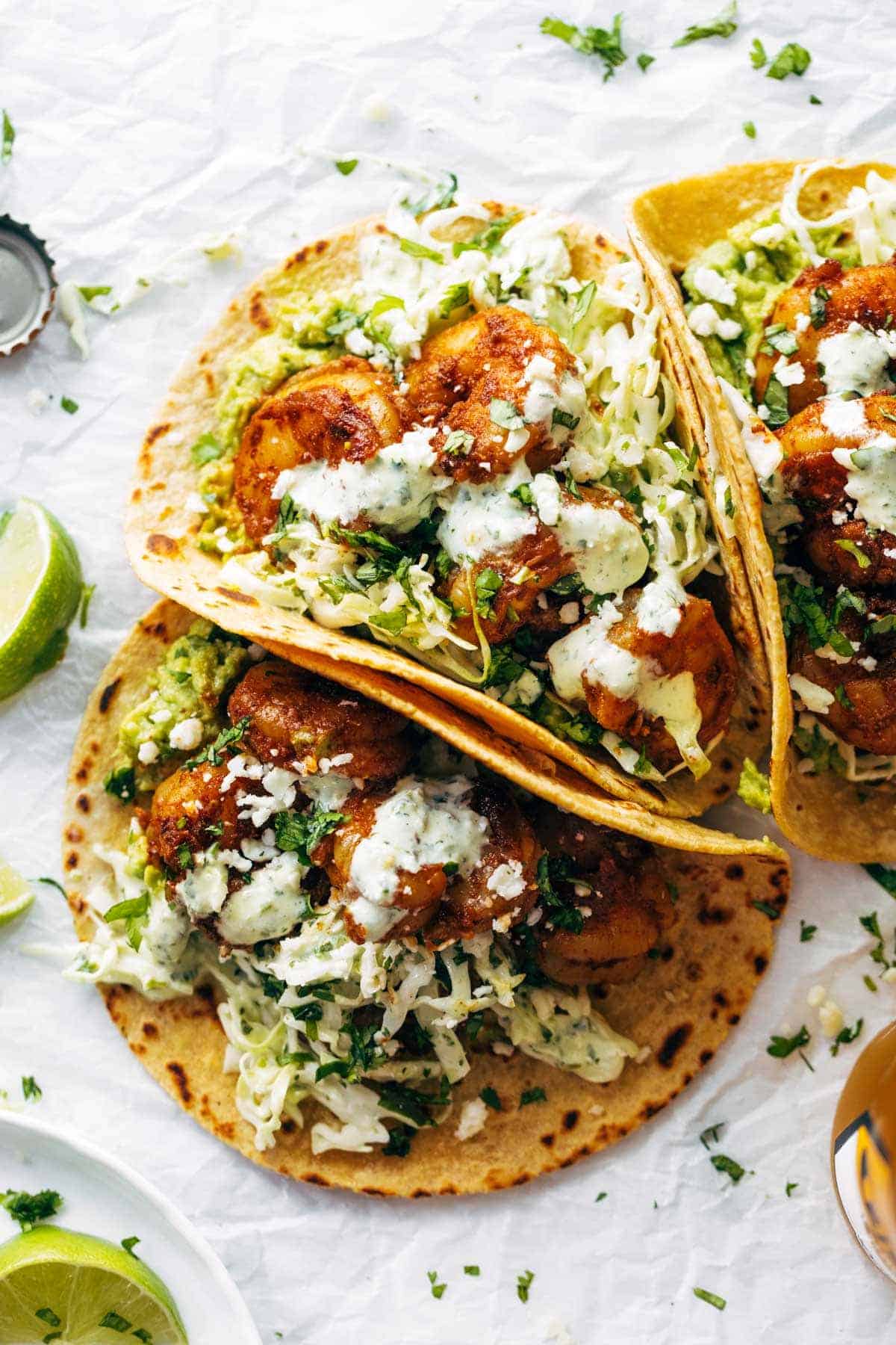 Shrimp tacos with garlic cilantro lime slaw.