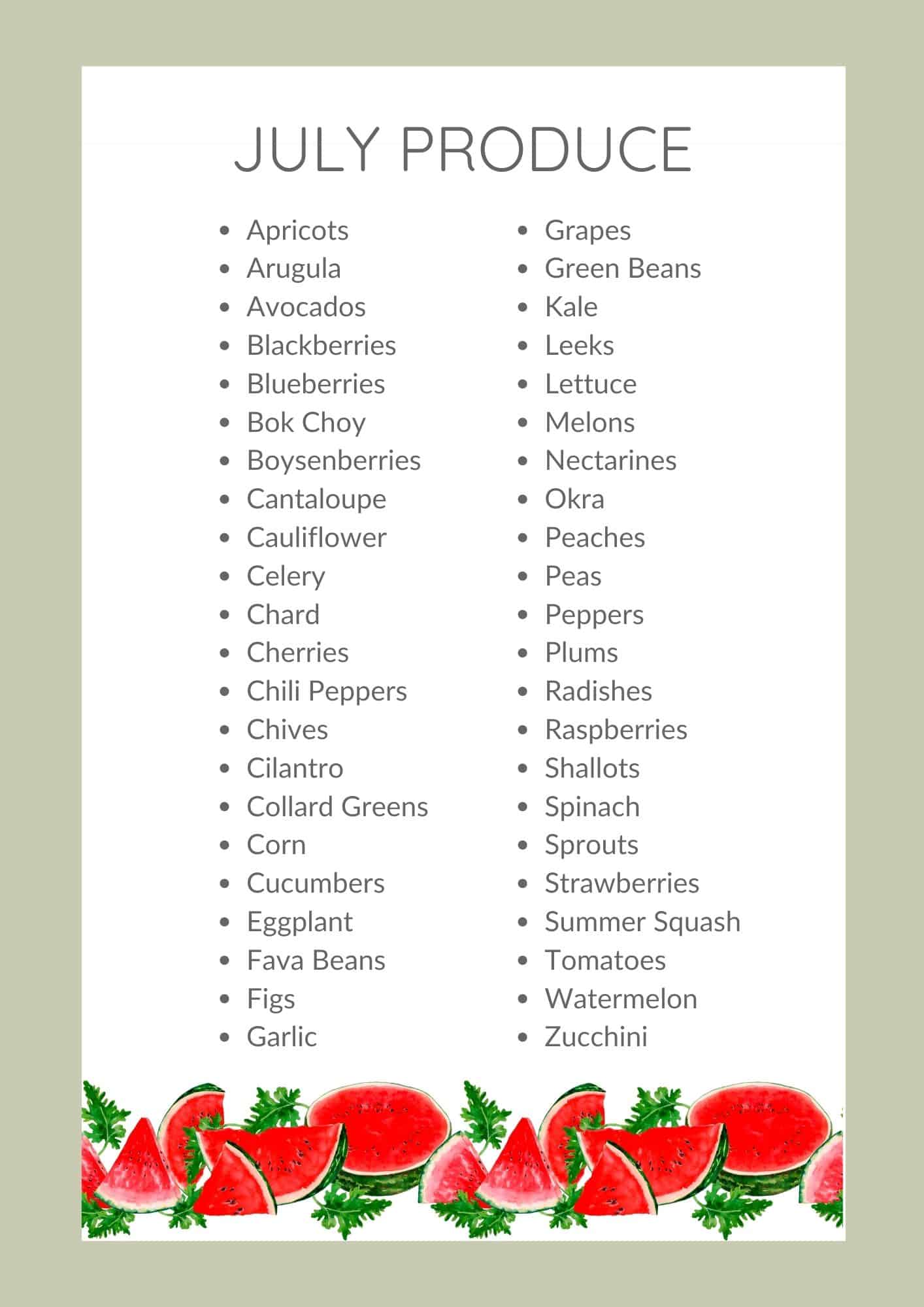 A graphic with July seasonal produce.