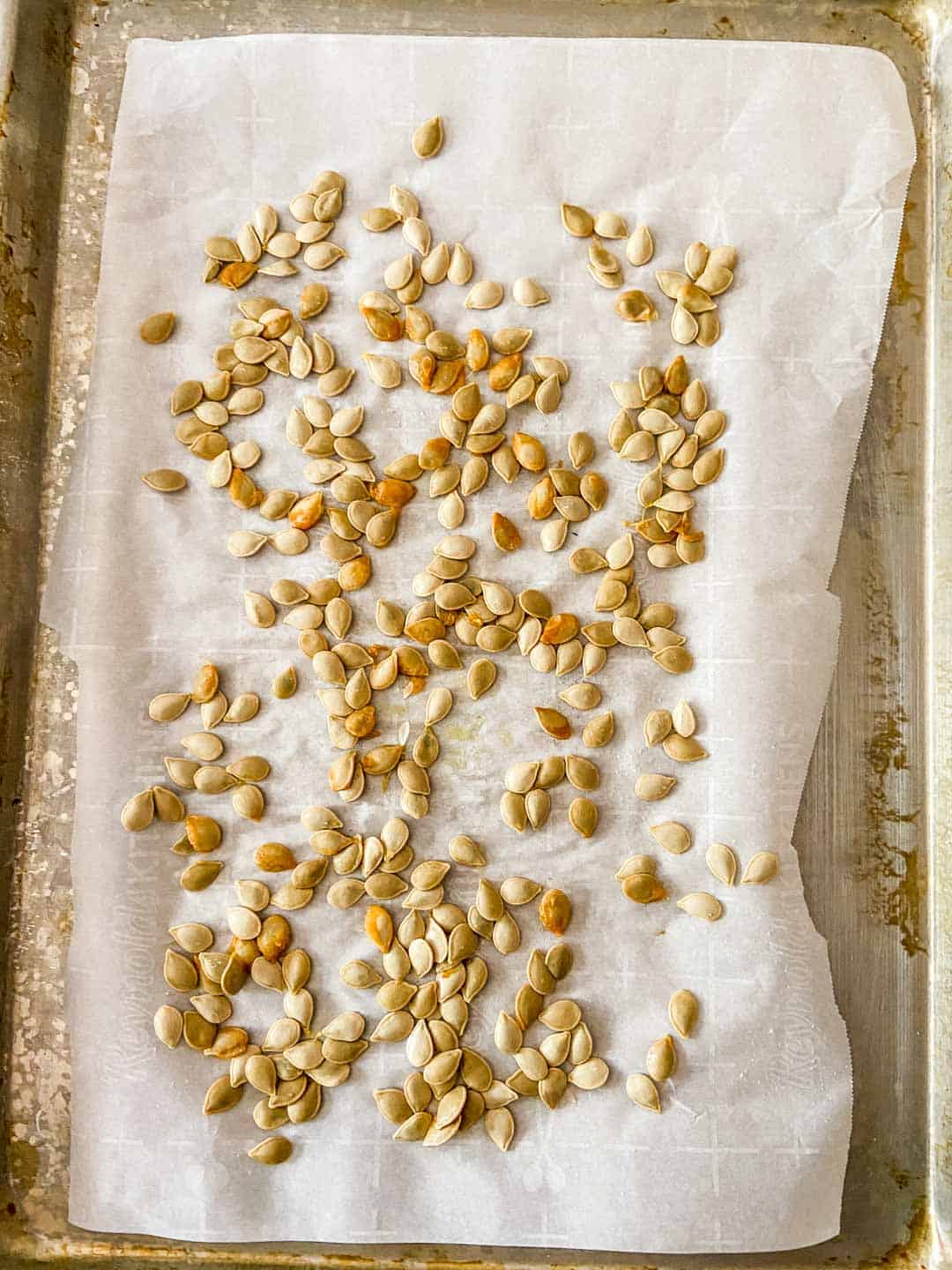 Squash seeds on a parchment lined baking sheet.