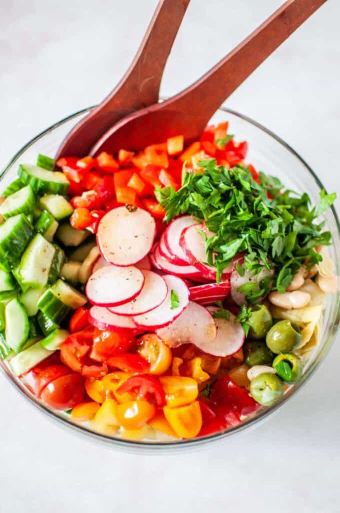 bean salad ingredients in a glass bowl