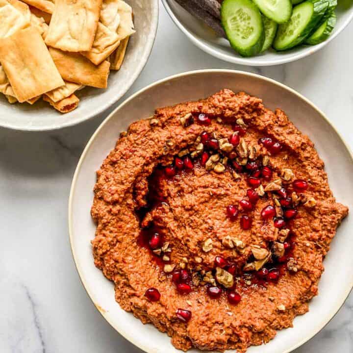 muhammara dip with pita chips and fresh vegetables