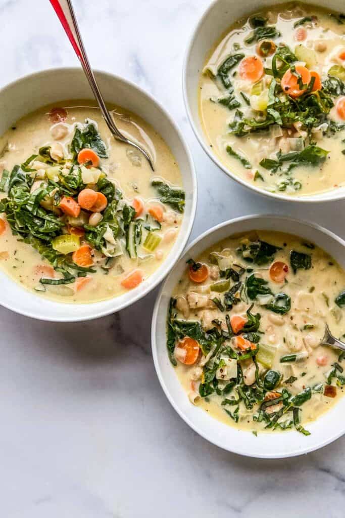 three bowls of tuscan white bean soup