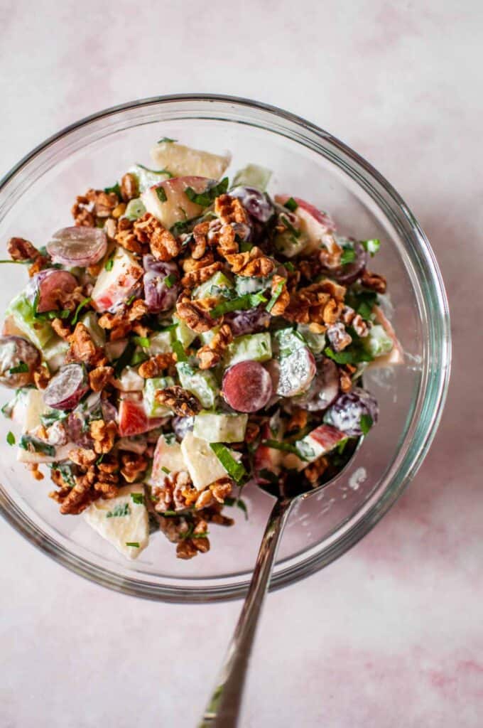 waldorf salad in a glass bowl