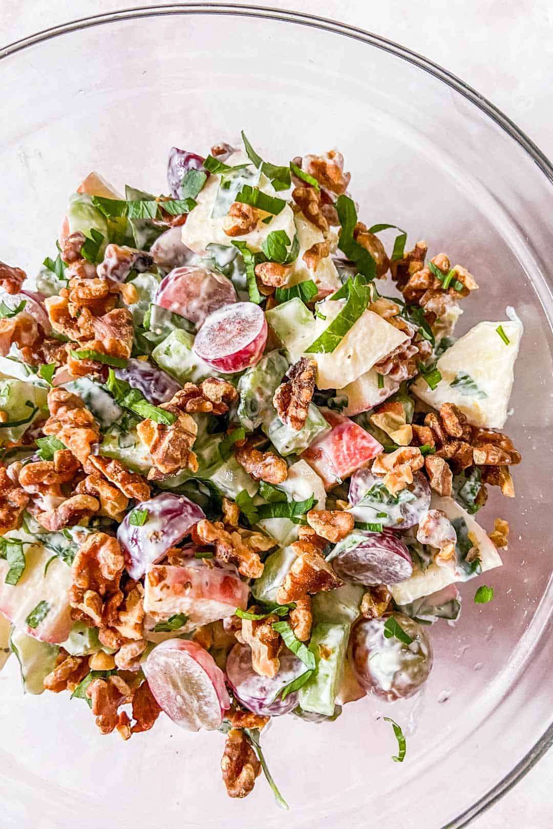 waldorf salad in a glass bowl