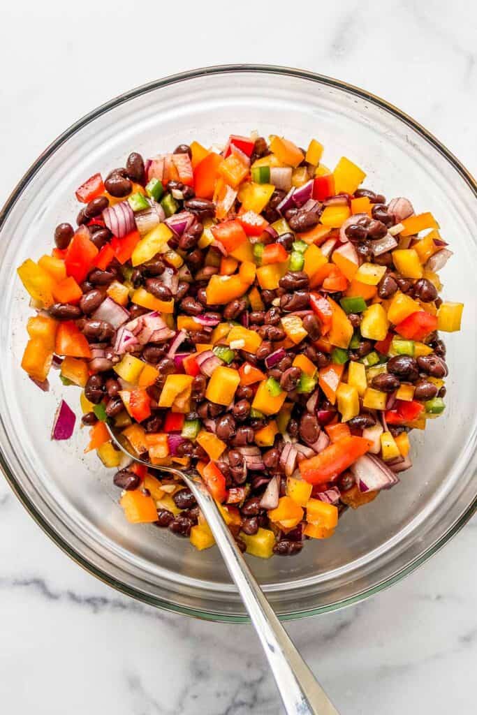 black bean salad in a glass bowl