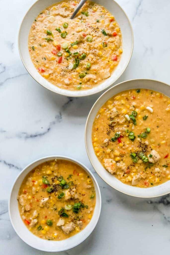 bowls of corn chicken chowder