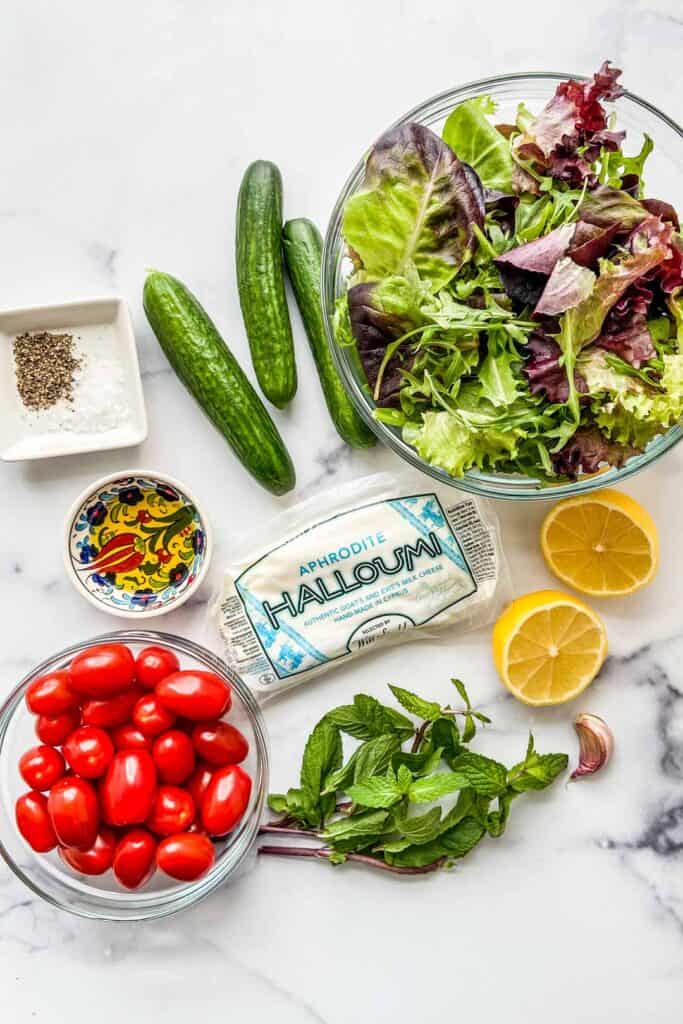 Grilled halloumi salad ingredients.