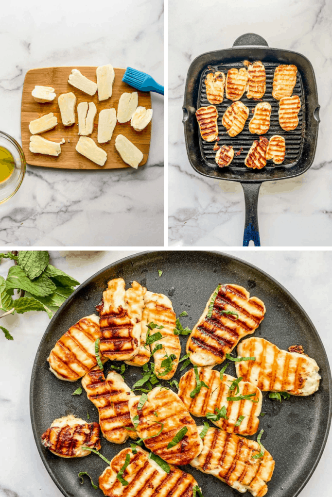 Chopped halloumi on a cutting board, halloumi in a grill pan, and grilled halloumi pieces on a black plate.