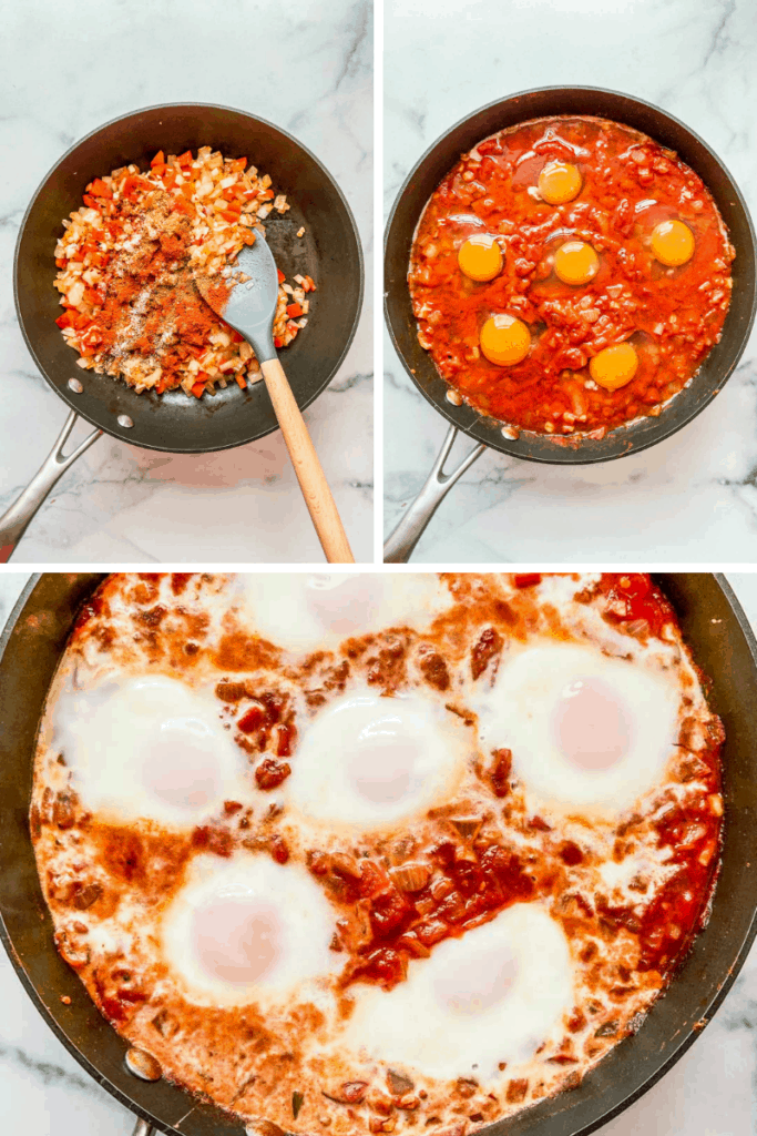 How to make shakshouka - overhead shots of onions and bell pepper, tomato sauce with eggs, and eggs cooked in tomato sauce.