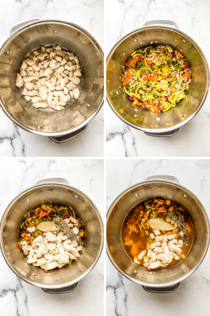 Four pictures of a how to make lemon chicken soup.