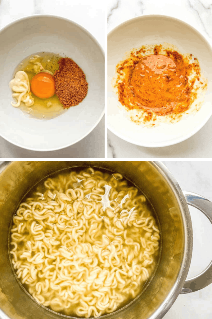 Various stages of ramen preparation.