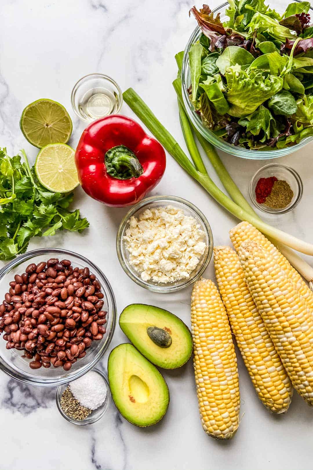 Ingredients for grilled corn and black bean salad.