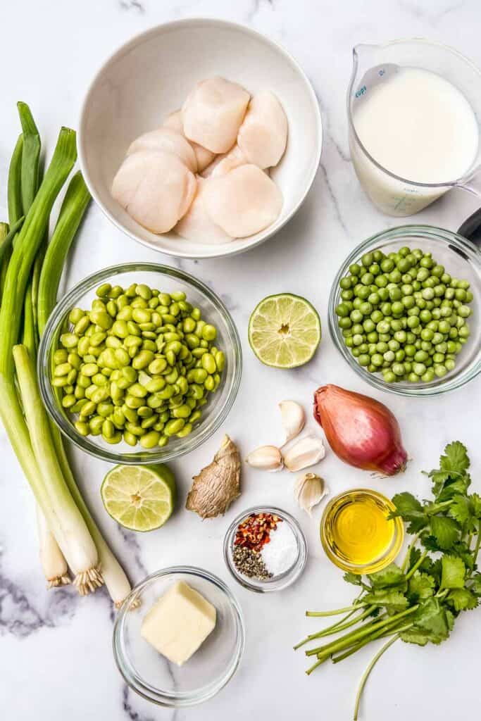 Ingredients for pan seared scallops with edamame and peas.